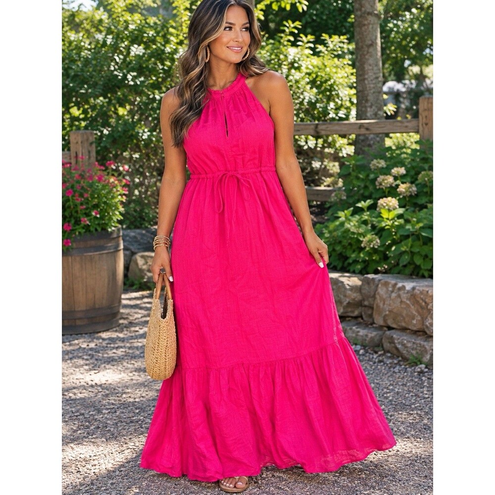Pink Time and Tru Cotton Double Cloth Tiered Midi Dress Women's Size Large 12/14